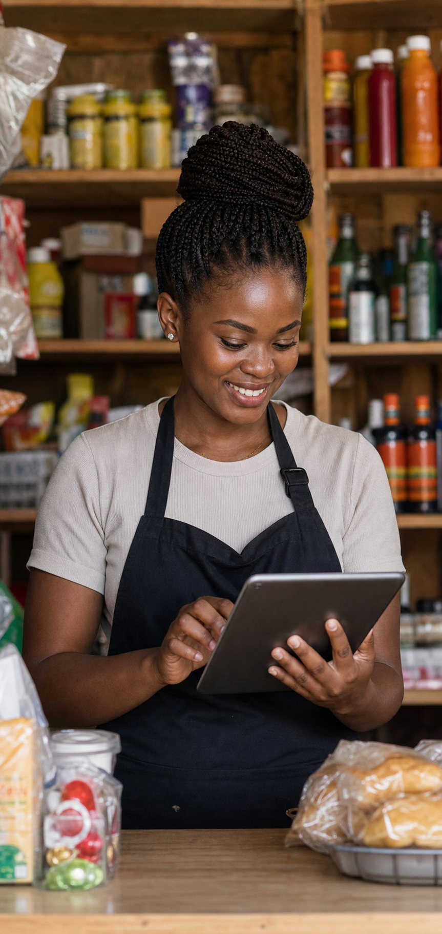 A small business owner checking payments on a device
