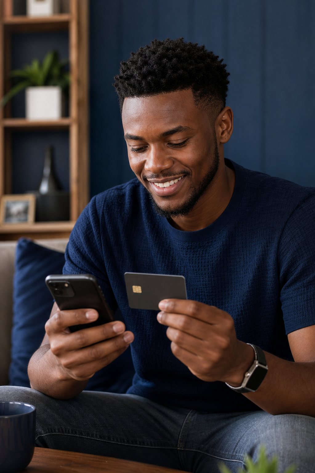 A person holding a phone and payment card
