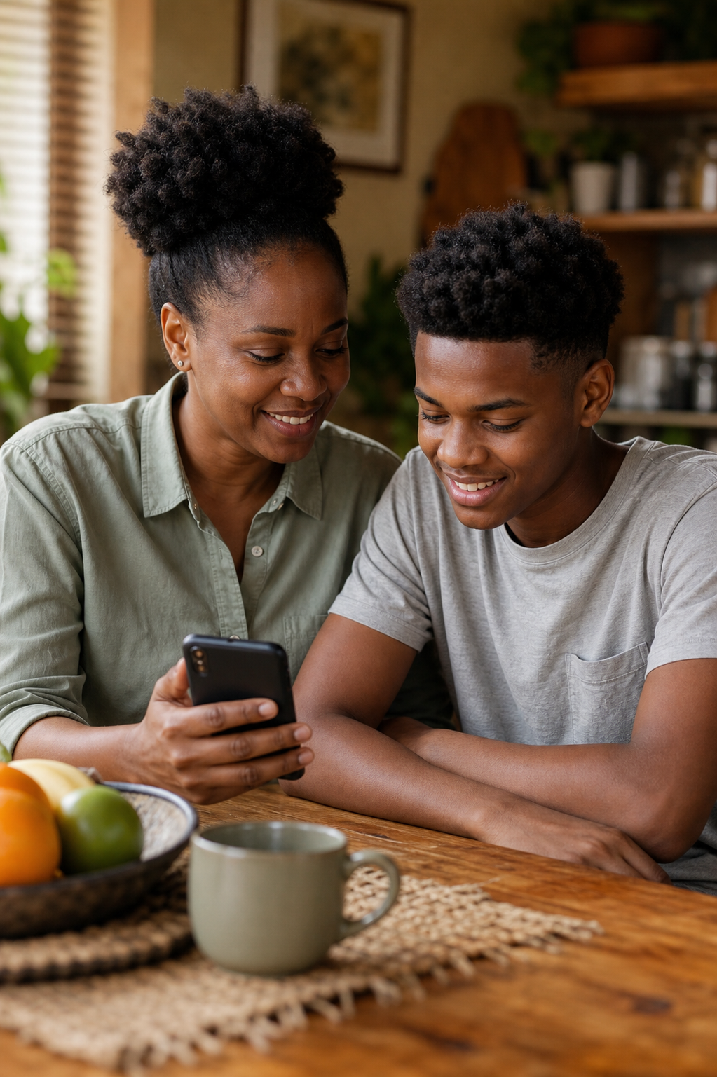 A guardian and teenager reviewing a wallet on a phone
