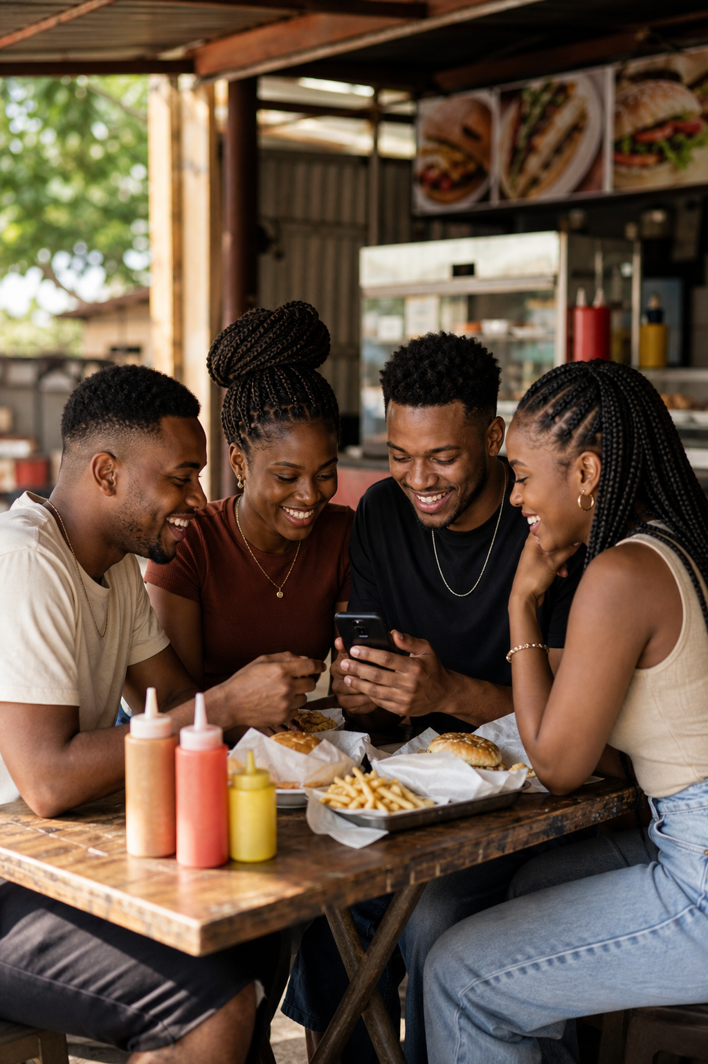 Friends in Eswatini using a phone after a shared meal