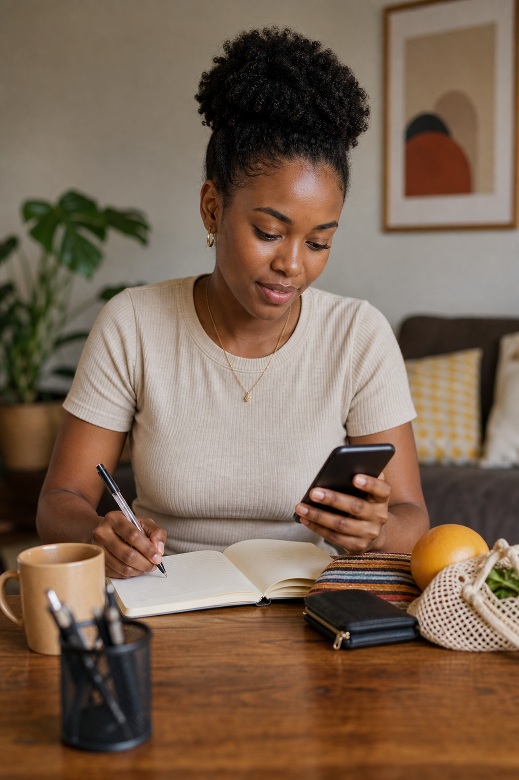 A young professional planning savings goals with a phone
