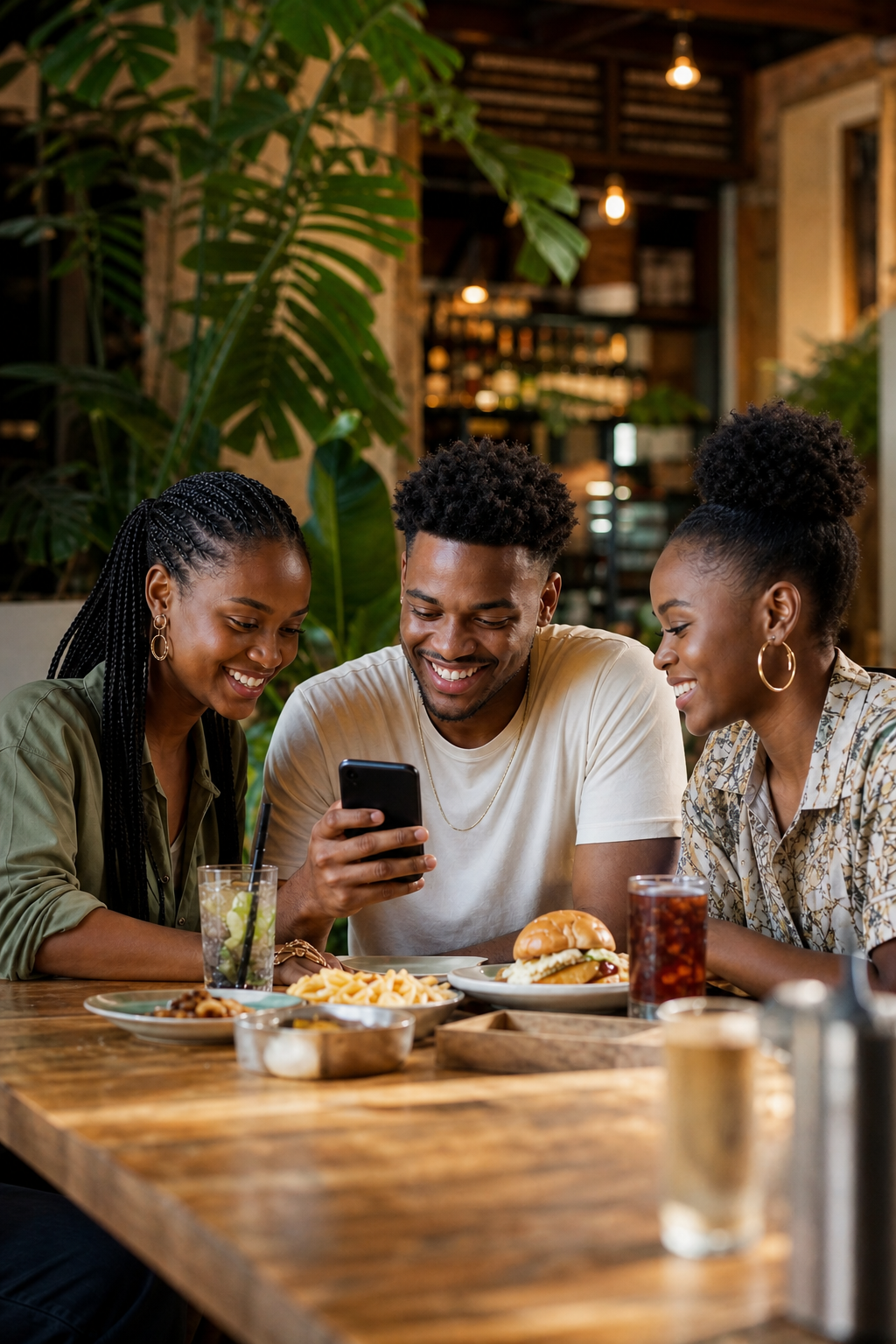 Friends reviewing a shared bill on a phone